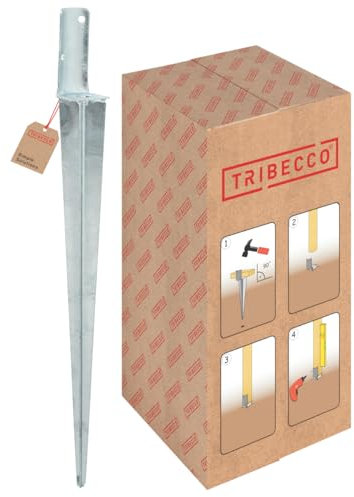 TRIBECCO Douille de sol à enfoncer en forme de L pour poteaux en bois ronds. Dimensions : 50 x 600 mm. Support de poteau en L à enfoncer dans le sol. Chaussure de support universelle en L en acier
