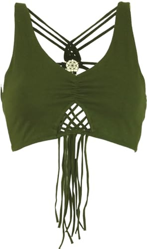 GURU SHOP Goa Psytrance Haut de Bikini Top Pixi Top Frange Femme Coton, olive, 40