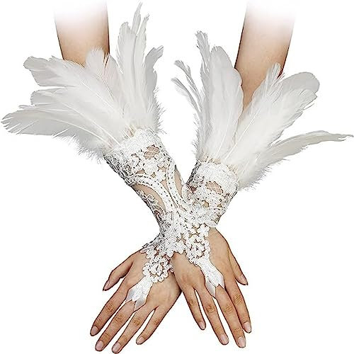 Qchomee Halloween Spitzenhandschuhe mit Fingerschlaufe Feder Spitze Lange Handschuhe Armstulpen Fingerlose Elegant Gothic Handstulpe Steampunk Armband Mesh Manschette Handschuhe Hexe Spinnennetz