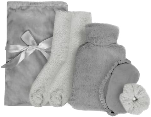 OHS Winter Warmer Gift Set for Women Grey, Christmas Gifts for Her Super Soft Cosy Womens Gift - Eye Mask, Hot Water Bottle, Scrunchie, Fluffy Socks, Drawstring Bag