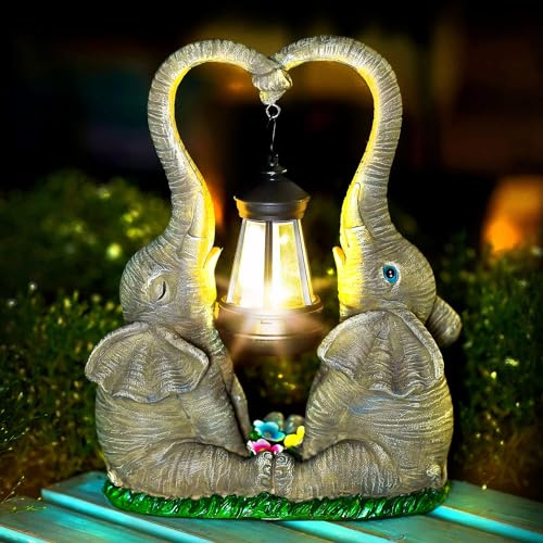 Solar LED Elephant Statue Set of 2 - Outdoor Garden Decor for Yard, Patio, Porch - Mothers Day Gifts