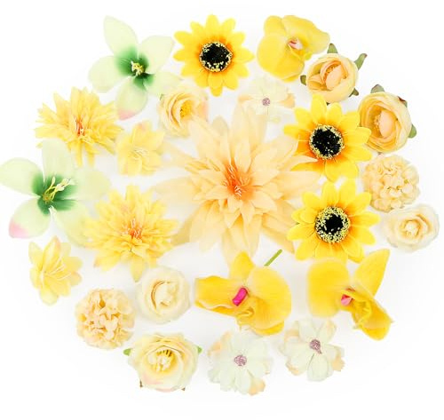 LARDUX 24 PCS Artificial Flower Heads-Craft Fake flower Decoration Mini Silk Yellow Flower Heads Bulk Mix for DIY Wedding Party Hair Accessory Scrapbooking Home Decor