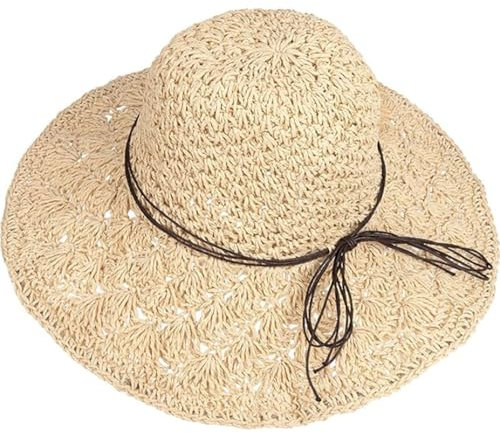 JJiaoLinin Stroh Sommerhut für Damen,Sonnenhut Strohhut Sonnenhut Atmungsaktiv Sommerhut Strandhut Faltbarer Sonnenschutz Breite Krempe Frauen Sonnenhüte für Reise Urlaub,Beige,56-58cm