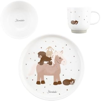 Sterntaler Service de table en porcelaine de la ferme - Avec socle en silicone antidérapant et amovible - Vaisselle pour bébé et enfant avec assiette, bol de 400 ml et tasse de 200 ml - Blanc