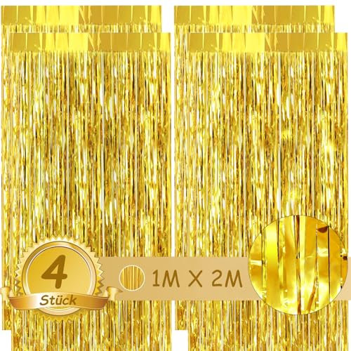 qingmeng 4 Stück Lametta Vorhang Gold, Glitzer Vorhang Folien Fransen Lametta Vorhäng Fransen Hintergrund Luftschlangen Dekoration für Geburtstagsdeko Party Happy Birthday Gold Silvester Deko Hochzeit
