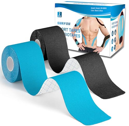SURFOU Tape Kinesiologico, 2 Rotoli 5cm x 5m Kinesio Taping Elastico, Forte Adesivo e Delicato sulla Pelle, per Ginocchio, Spalla, Muscoli e Allenamento, Blu + Nero