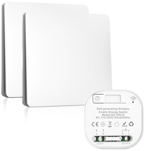 KUWUNG Funkschalter 230V, 2 Stück Wasserdichter Funk Lichtschalter mit 1 Récepteur Sans Fil,Funkschalter Licht Batterielose,Wireless Switch,Funklichtschalter Set für Licht Steuerung in Drinnen Draußen