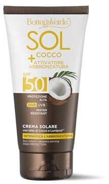 Bottega Verde - SOL Cocco + Attivatore di abbronzatura, Crema solare, intensifica l'abbronzatura, 150 ml, con latte di Cocco e Lumipod™, water resistant, protezione alta SPF50