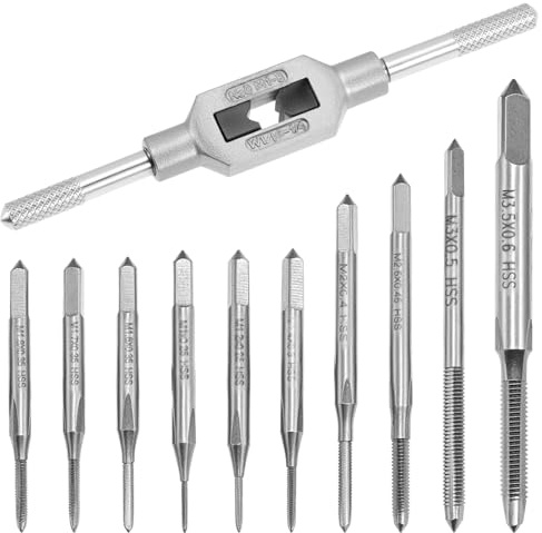 QWORK® 11 piezas macho de roscar métrico set, machos de roscar manuales pequeños HSS M1-M3.5 con llave ajustable - Herramienta profesional para metales blandos, madera y plástico