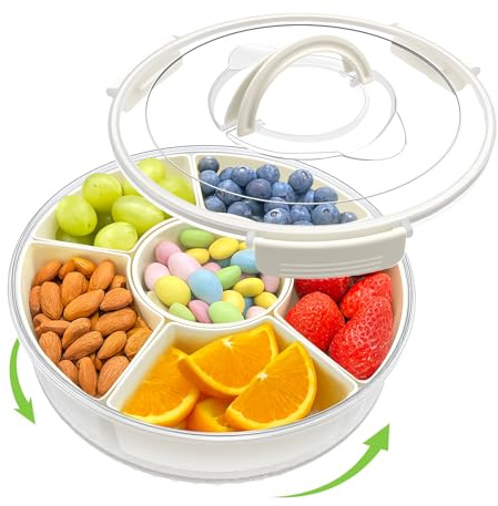 Minfuerang Porta Snack 6 Posti Rotondo-Ø30x10cm- 360° Contenitore Rotante per Snack,Grande Organizer con Coperchio e Manico per Frutta, Dolci,Frutta Secca,Feste e Picnic