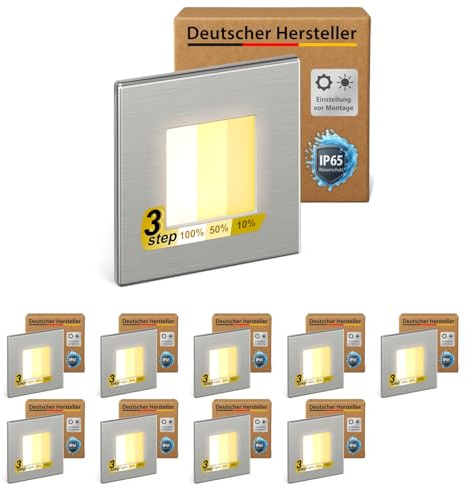 ledscom.de Lot de 10 luminaires LED pour escalier/encastrés muraux FEMA pour l'intérieur et l'extérieur, de forme carrée, en acier inoxydable, 80 x 80 mm, blanc chaud