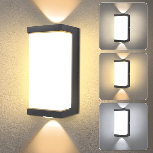 JaneYi Aplique de Pared LED Exterior Interior ABS 3 Colores Conmutables 3000K-6500K Impermeable IP65 Iluminación Up & Down Lámpara de Pared Moderna para Fachada Pasillo Escalera Terraza Jardín - Negro