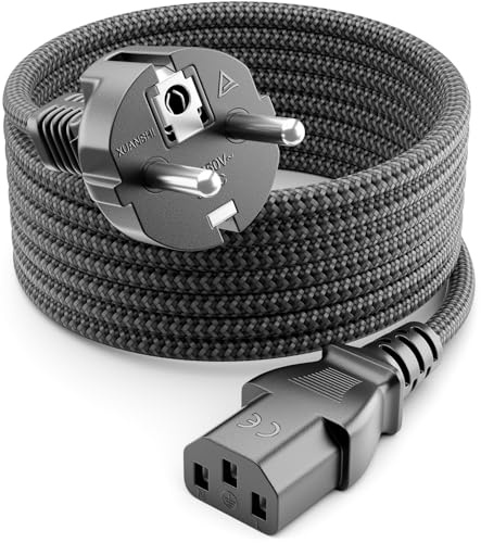deleyCON 3,0m Cavo Alimentazione - Linea Nylon - Cavo Corrente Alimentazione 3 Poli Spina Tipo F a Presa C13 PC Computer Monitor Stampante Proiettore - Grigio