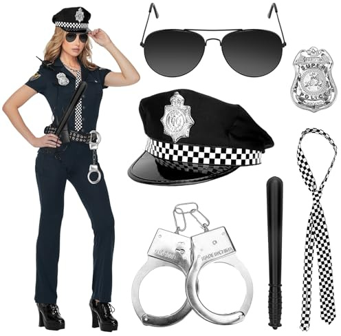 Kkluno Disfraz Policía Mujer Hombre - Disfraz de Policia con Sombrero de Policía Esposas Placa Policial Gafas Negras Adultos para Carnaval Policía Conjunto de Accesorios de Disfraz para El Agente Swat