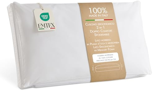 EMTEX Cuscino Letto DOPPIO COMFORT ANTIBATTERICO Lato PIUMA D'OCA/MICROFIBRA Lato MEMORY FOAM Viscoelastico SFODERABILE 100% COTONE Antipiuma Made in Italy (1, BIANCO)