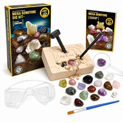 Gemstone Dig Kit for Kids 8-12 – Educational Science Kit with 17 Real Gemstones, Fossils, Rocks &Crystals– Fun Gem Art Excavation Toy – Geology Gift for Boys & Girls