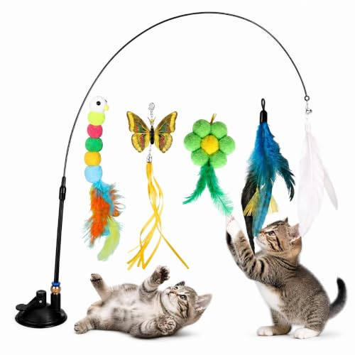 BOODPET Jouet interactif pour chat avec ventouse, canne à pêche flexible avec 5 plumes et pendentifs clochette, canne de jeu télescopique pour chats d'appartement, chatons et chats adultes
