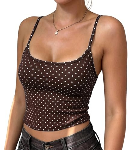 Caraco Femme À Pois Top À Fines Bretelles Slim Fit Camisole avec Bord Ondulé T-Shirt Extensible Haut Été