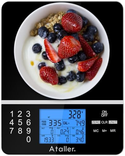 Ataller Balance de Cuisine Numérique Avec Affichage de La Valeur Nutritive, Calculatrice Précise Des Aliments et Des Nutriments, Verre Trempé, Noir, Précision Incroyable Jusqu'à 1g, Max 5000g