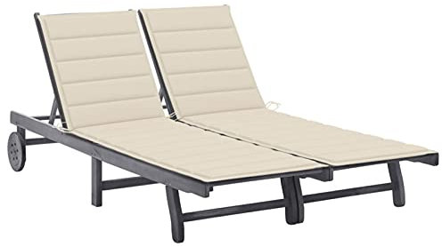 Susany Sonnenliege 2-Personen mit Auflagen & Rollen Doppelliege Relaxliege Gartenmöbel Strandliege Holzliege Gartenliege Akazie Massivholz, Cremeweiß