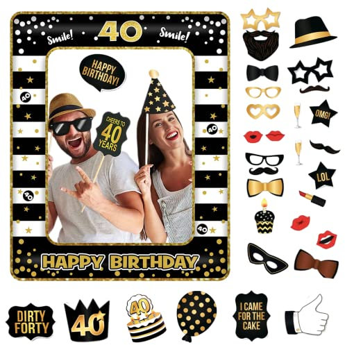 POPOYU Decoraciones de cumpleaños número 40 para hombres y mujeres, marco inflable para selfies y 34 piezas de accesorios para cabina de fotos de 40 cumpleaños, marco inflable gigante para decoración
