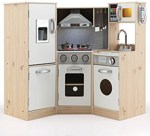 COSTWAY Cucina Giocattolo Legno per Bambini con Macchina del Ghiaccio, Telefono, Lavatrice, Forno, Microonde, Lavello e Rubinetto, Funzione Luci e Suoni, 3+ Anni