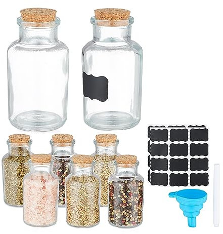 Relaxdays Gewürzgläser 8er Set, Korkdeckel, Gewürzdosen Glas, 150 ml, inkl. Etiketten, Stift & Trichter, transparent