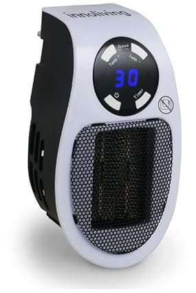 Innoliving Stufetta da Presa INN-583, Termoventilatore da Muro 500W, fino a 32°, con Timer 1-12 Ore, Autospegnimento e Protezione da Surriscaldamento Integrata, Si Attacca Direttamente alla Presa