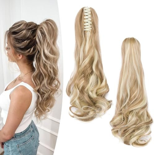 Gairyan 50cm Postiche Queue de Cheval avec Pince Extensions de Cheveux Naturel a Clip Ondulé Extension Queue de Cheval Synthétique Rajout Cheveux Claw on Ponytail Longue Bouclée, Sandy Blonde & Blond
