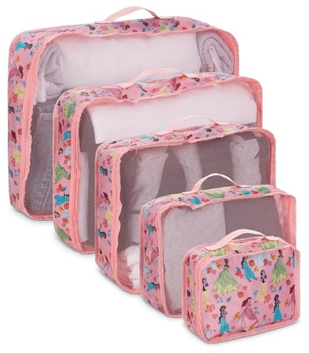 Disney Princess Cinderella Packing Cubes - Winnie the Pooh, Minnie Mickey Stitch 5 Piece Packing Cubes Compression - Travel Essential Accessories - Luggage Suitcase Organizer Set - For Kids, Adults