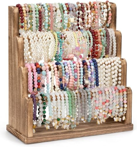 Emfogoo Expositor Pulseras, 4 Niveles Organizador Joyas para Pulsera, Brazaletes, Relojes, Collares, Madera Porta Pulseras, Soporte de Pulsera Extraíble para Hogares, Ferias de Artesanía y Tiendas
