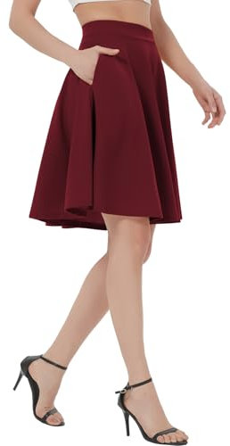 Soudittur Plisseerock Damen Basic Solid Midi-Rock Elegant Faltenrock Elastisch Hohe Taille Plisseerock Knielang Skater Rock mit Reißverschlusstasche (S, Weinrot-midi)