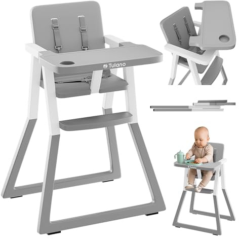 TULANO Morsel 25 Chaise Haute Bébé Pliable | Compacte, Légère | Harnais 5 Points | Plateau Amovible Lavable | Montage Sans Outils | Design Moderne | Pour Enfants 6 à 36 Mois | Gris et Blanc