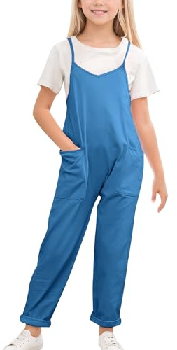 Happy Cherry Overalls Jumpsuits für Mädchen Kinder Lässiger Ärmelloser Jumpsuit mit Weitem Bein Lose Strampler mit Taschen 140 CM