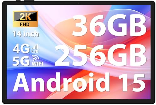 FASTWD Tablet 14 Pulgadas Android 15 120Hz 2K Tablet con Doble SIM 4G LTE+5G WiFi, Octa-Core, 36GB RAM+256GB RAM(TF 1TB),11580mAh/20W/GPS/BT5/13MP+8MP/OTG, Gaming Tableta, Gris