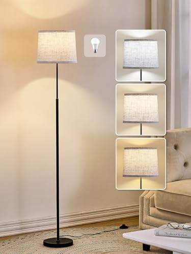 Hikczc 60 Modern Floor Lamp for Living Room Bedroom, Standing Lamp with Oatmeal Linen Lampshade, Tall Lamp with A19 9W 3 Color Temperature Bulb, Foot Switch Control, Black
