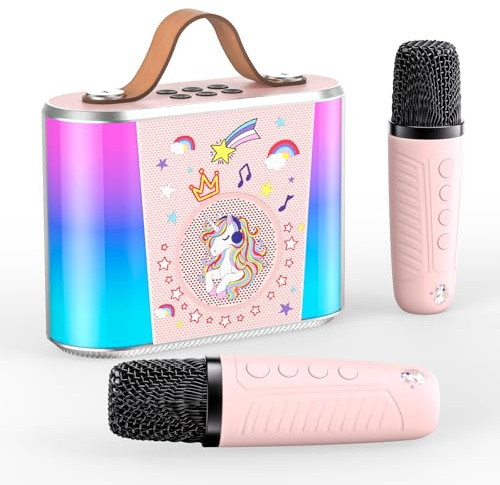 PKBD Karaoke Maschine für Kinder,Mini Karaoke Maschine mit 2 Mikrofonen, Tragbarer Bluetooth-Lautsprecher mit Stimmeffekten & LED-Lichtern–Geschenk für Mädchen & Jungen 3-15 Jahre (Rosa)