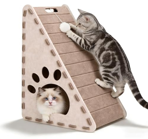 Planche à gratter 3 en 1 et maison triangulaire en feutre - Grattoir vertical pour chat d'intérieur - Scratch Play Rest Cat Furniture - Grattoir robuste facile à nettoyer avec jouet à balle