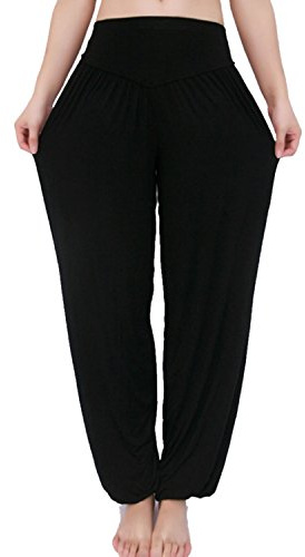 MEISHINE® Mujer Pantalones de Yoga Algodón Modal Harem Pantalón Polainas por Danza, Yoga, Ganduleado, Fitness - Muy Suave (Size XL, Negro)