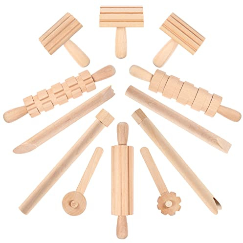 STOBOK Dough Tools Set for Kids Wooden Dough Tools with Rolling Pin stampers Molding Sculpting Accessories for Toddlers Creative Arts and Crafts 6Pcs