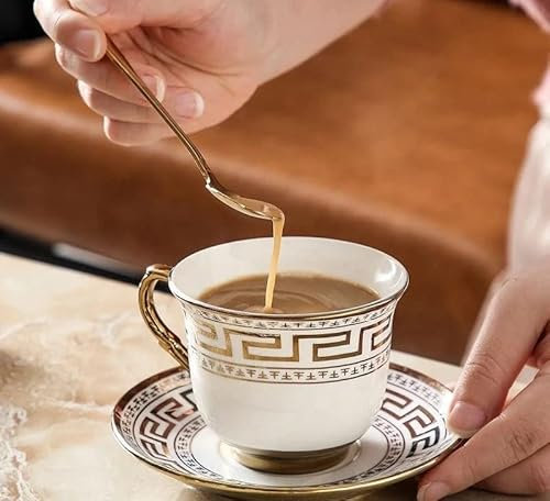 Juego de tazas de café de porcelana moca para 6 personas, set tazas, color blanco y plateado, 13 piezas, café con latte, capuchino, soporte de metal, medusa meandro, 6 tazas y 6 platillos