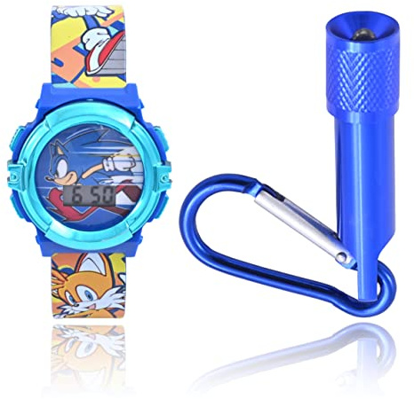 Accutime Sega Sonic The Hedgehog Kids Digital Watch Set - LED Flashing Lights, LCD Watch Display, Flashlight Keychain, Kids, Girls Or Boys Watch, Plastic Strap in Blue (Model: SNC40050MAZ)