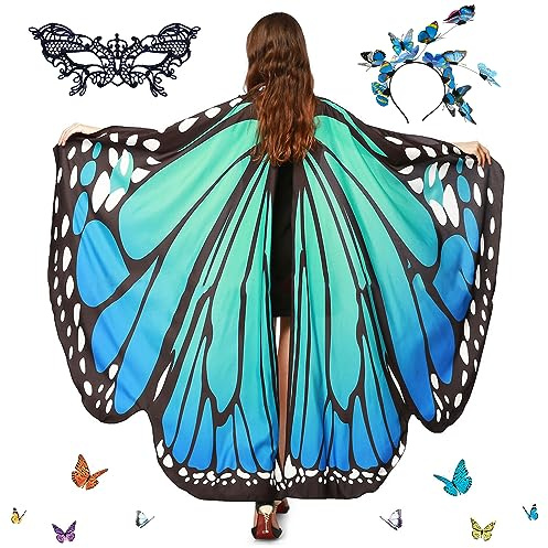 DAZZTIME Disfraz de Mariposa para Mujer,Chal de Mariposa para Adulto,Diadema de Mariposa,Máscaras de Encaje,Alas de Mariposa para Mujer,Disfraz de Mariposa,para Carnaval Pascua Fiesta Cosplay