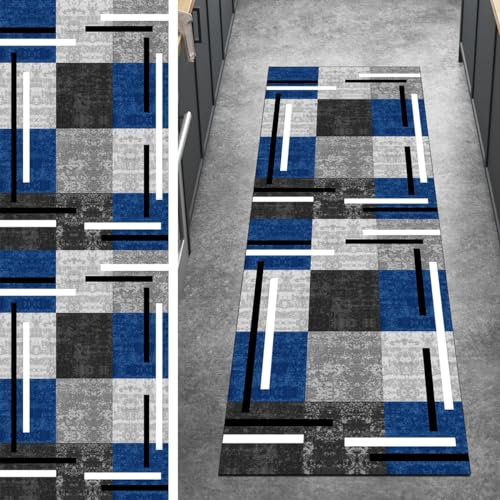 Ymural Teppichmatten Teppich Läufer Flur Waschbar Patchwork 80x150CM Blau Grau Kücheläufer rutschfest Meterware Teppichläufer Lang Kurzflor Polyester Korridor