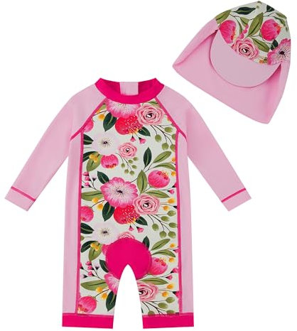 upandfast Baby UV Badebekleidung Mädchen Einteiler Badeanzug Baby mit Sonnenhut(24-36 Monate, Rosa Blume)