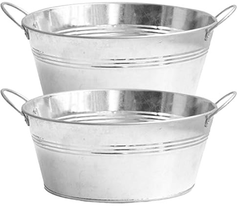 Pesoncarl Galvanised Planter 2Pcs Large Round Galvanised Tub with Sturdy Handles 9.76x4.33 Inch Metal Planter Zinc Tub for Planting, Drinks Cooler, Ice Bucket, Flower Pots