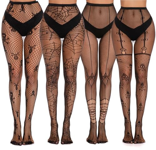 XoeLLe 4 Paia Collant Halloween Donna Sexy Calze a Rete di Halloween Vita Alta Nero Calze Scheletro Donna Fantasia Leggings per Adulti, Carnevale, Feste a Tema (Cranio Ragno)