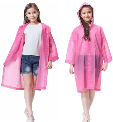 Dioshark Kids Girls Waterproof Rain Poncho 2PCS Reusable EVA Raincoat with Hooded and Sleeves Portable Lightweight Children Toddler Rainwear Rainsuit Rain Jacket Cape for School Camping Pink