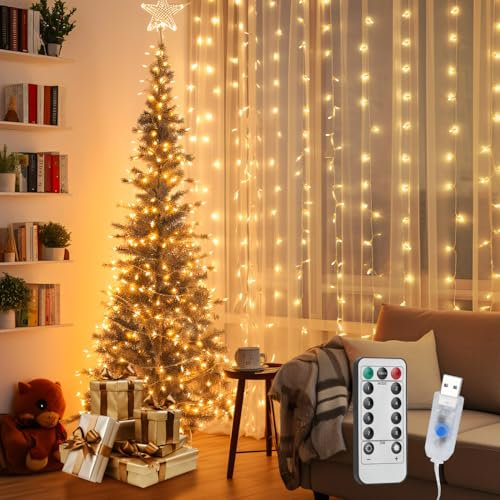 Aigostar 3×3m 300 LED Cortina de Luces Navidad, Alambre de Cobre Guirnaldas Luces con Control Remoto, 8 Modos Cadena de Luces Brillo Ajustable y con Temporizador para Bodas, Fiesta (Blanco Cálido)