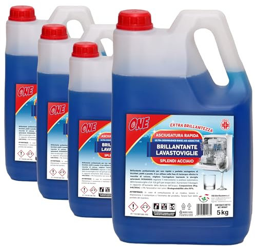 ONE - 20 Litri di BRILLANTANTE SPECIFICO PER LAVASTOVIGLIE AD USO PROFESSIONALE Elimina macchie e rende le stoviglie più brillanti (4 x taniche da 5 lt) - Per vetro e acciaio, asciugatura rapida